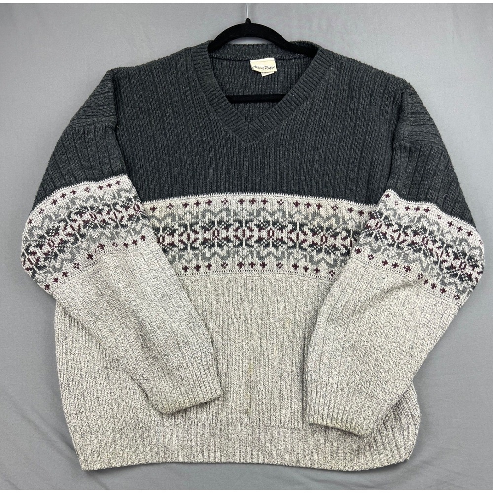 Vintage Alpine Ridge Sweater Men XL V-Neck Isle Colorblock Grey Cotton Blend USA